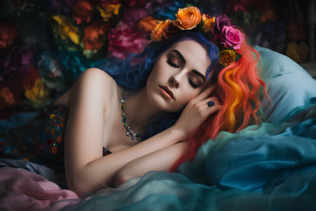 Portrait of a beautiful girl with bright make-up and colorful hair.の素材