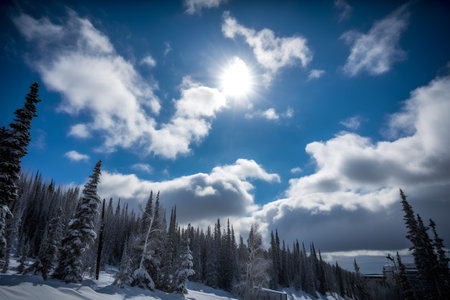 Beautiful winter landscape with snow covered trees and blue sky with clouds