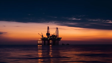 Offshore oil and gas production platform at beautiful sunset in the seaの素材