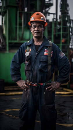 Portrait of a confident African-American worker in a factory.の素材