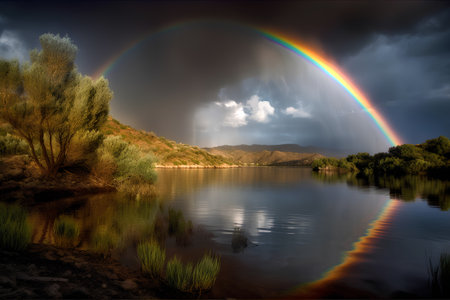 Photo pour Rainbow over the lake in the mountains with grass and trees. - image libre de droit