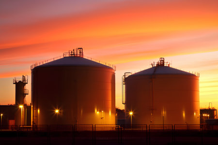 Silhouette of oil storage tanks at sunset. Industrial background.の素材