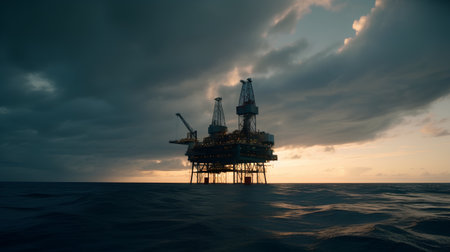 Offshore oil and gas platform in the sea with dramatic sky.の素材