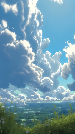 Blue sky with white clouds and meadow. Nature composition. 3d renderの素材