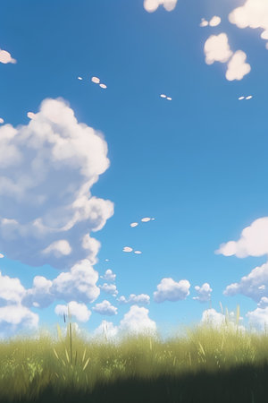 Grassland with blue sky and white clouds, 3d renderの素材
