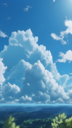 Blue sky with white clouds and bright sun. 3d render.の素材