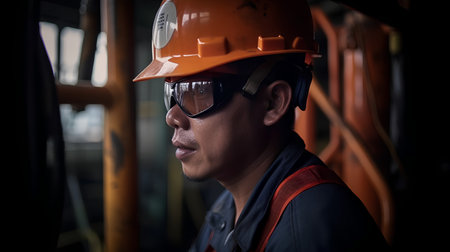 Portrait of Asian male worker in hard hat and safety goggles.の素材