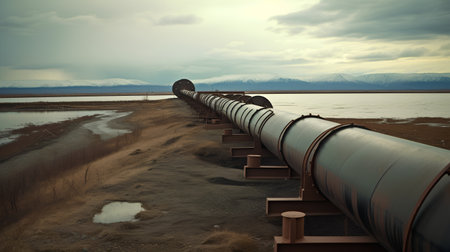 Pipeline on the lake with snow-capped mountains in the backgroundの素材