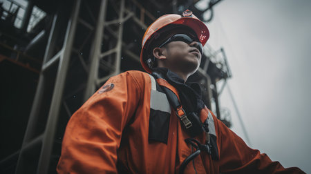 Worker in orange uniform and safety helmet standing on construction site.の素材