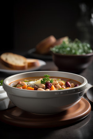 Vegetable soup with beans in a bowl on a dark backgroundの素材