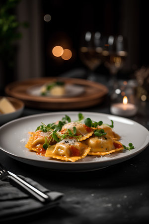 Ravioli with salmon and cheese on a black background.の素材