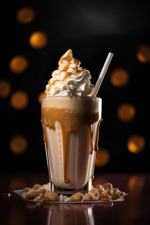 Coffee with whipped cream in a glass on a dark backgroundの素材
