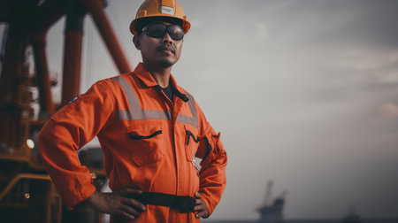 Portrait of Engineer or Technician wearing safety helmet and reflective vest working in offshore oil and gas platform.の素材