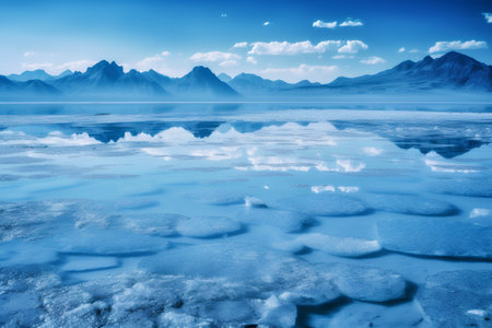 beautiful winter landscape with frozen lake and mountains in the blue skyの素材