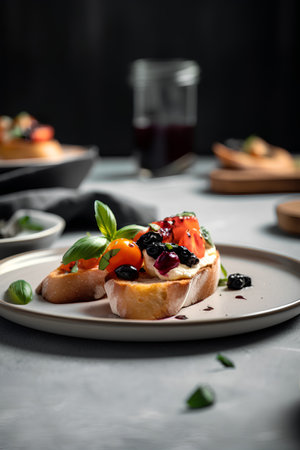 Bruschetta with black olives and cherry tomatoes on white plateの素材