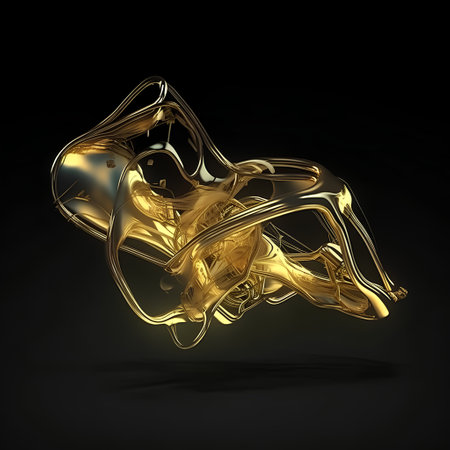 Golden abstract shape on a black background. 3d rendering, 3d illustration.の素材