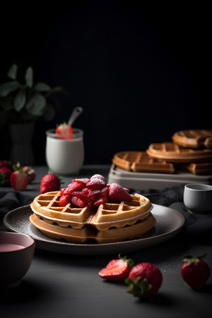 Belgian waffles with strawberries and powdered sugar on a black backgroundの素材