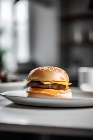 Close up of cheeseburger with cheese on white plate, shallow depth of fieldの素材