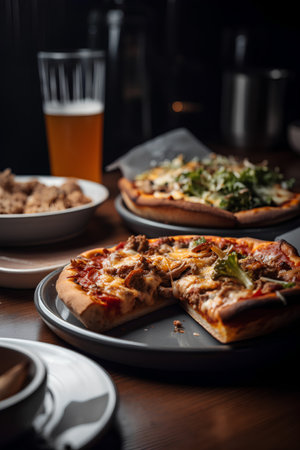 Pizza on a wooden table with beer in a pub or restaurantの素材