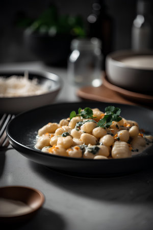 Gnocchi with cheese and parsley on a black plateの素材