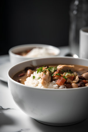 Rice soup with chicken, beans and vegetables in a white bowlの素材