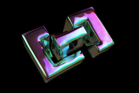 Symbol h in brushed metal style with blue and pink frame isolated on black background. 3d renderingの素材