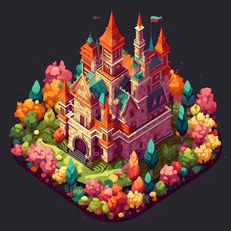 Isometric medieval castle on the background of the autumn forest. Vector illustrationの素材