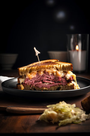 sandwich with roast beef and sauerkraut on dark backgroundの素材