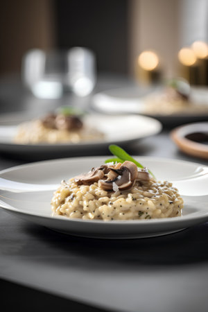 Risotto with mushrooms and parmesan on a black backgroundの素材