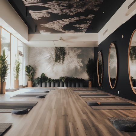 interior of a modern yoga studio with black walls and wooden floorの素材