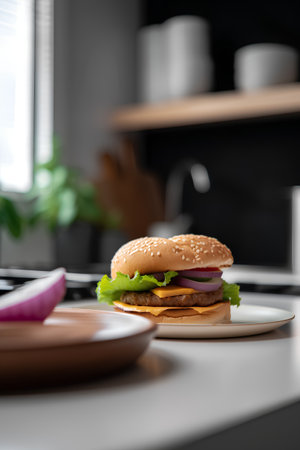 Delicious hamburger on the table in the kitchen at home.の素材