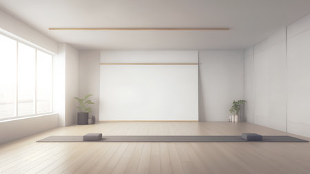 Interior of modern bright room with white walls, wooden floor and large window with city view. 3d renderingの素材