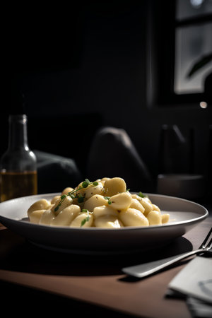 Potato gnocchi on a white plate. Dark background.の素材