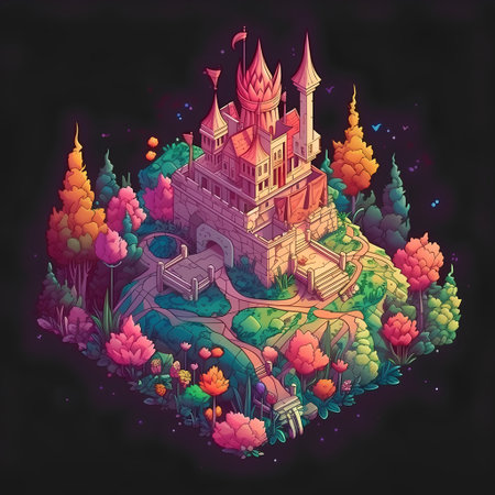 Fantasy castle in the forest. Vector illustration. Cartoon style.の素材