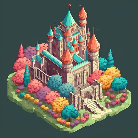 Cartoon castle in the forest. Isometric 3d illustration.の素材