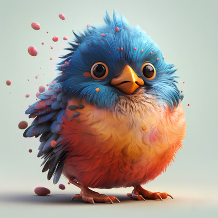 Cute little bird with blue feathers and yellow eyes. 3d renderingの素材