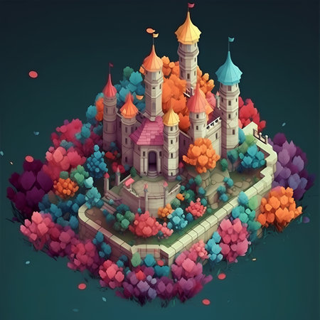 Fantasy castle in the garden. 3d isometric vector illustrationの素材
