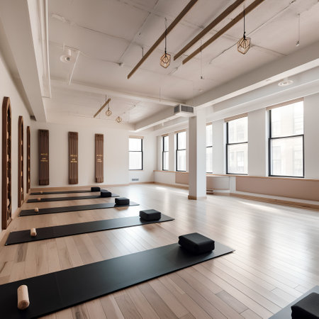 Interior of a modern yoga studio with wooden floor and large windowsの素材