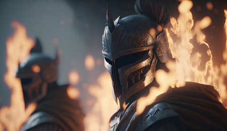 Knight in armor on fire background. Medieval warrior in armor on fire.の素材