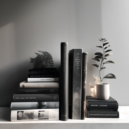 Books on shelf with plant on gray wall background. 3d renderの素材