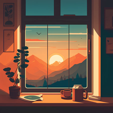 Window with a view of the mountains and the sun. Vector illustration.の素材