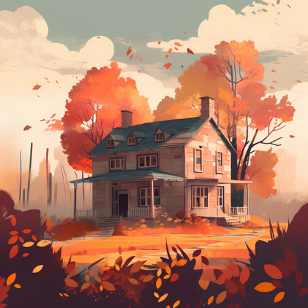 Autumn landscape with old house in the woods. Vector illustration.の素材