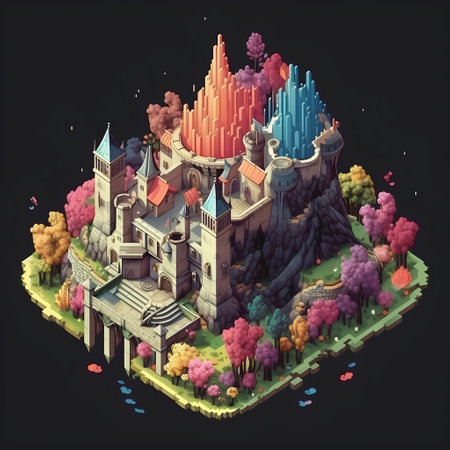 Fantasy castle on the island. Isometric view. 3d renderの素材