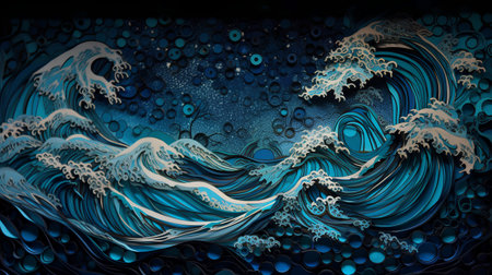 Abstract background with blue waves and bubbles. Fantasy fractal texture. Digital art. 3D rendering.の素材