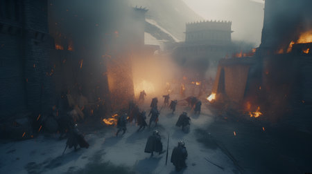 Medieval battle scene with cavalry and infantry at the ruins of castleの素材
