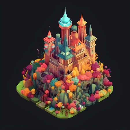 isometric castle on the hill with flowers and trees, fantasy illustrationの素材