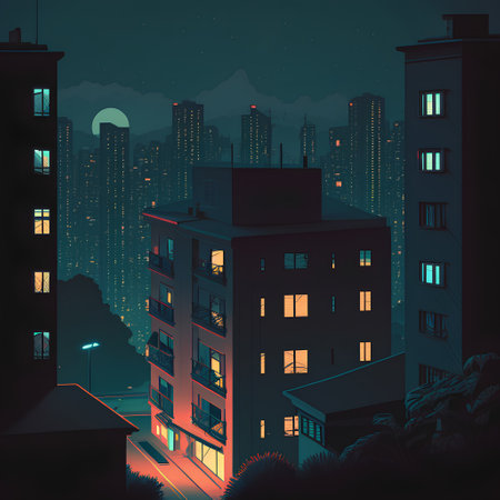 Night city landscape. Modern buildings and skyscrapers. Vector illustration.の素材