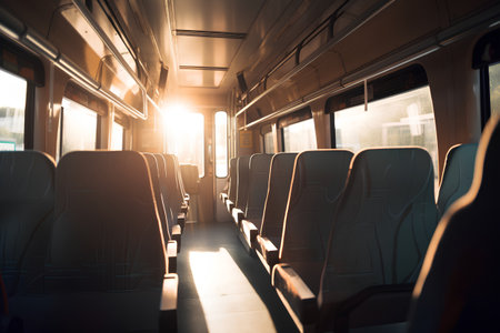Interior of a train with seats and sunlight in the morning.の素材