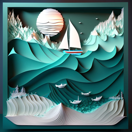 3D paper art of seascape with sailboat and mountainsの素材