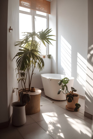 Bathroom with green plants and a white bathtub in sunlightの素材